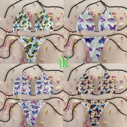 Conjunto de bikini con estampado de mariposa para mujer, Bañador con estampado de mariposa en V profundo, traje de baño colorido divertido, vacaciones de surf en la playa, regalo de moda