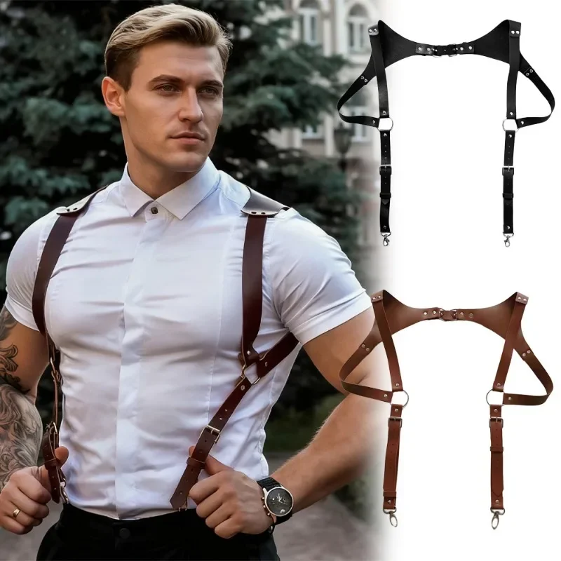 Men's Fashion Synthetic Leather Suspender, Gothic Body Suspender Adjustable Shoulder Strap and Metal Buckle Clothing Accessories