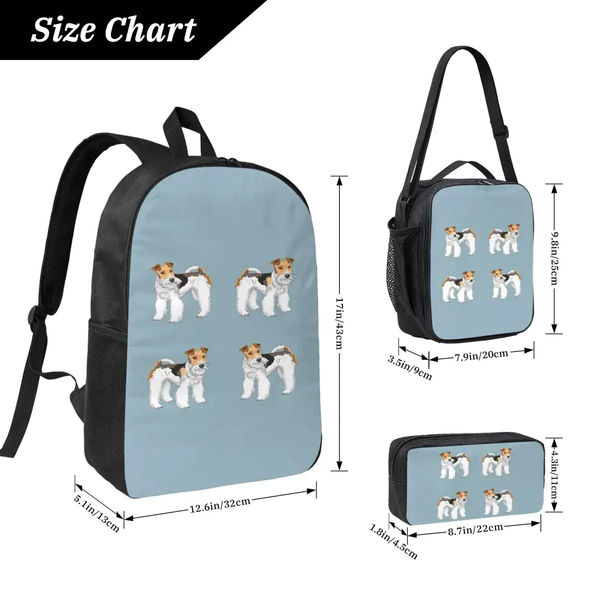 Retro Wire Haired Fox Terrier Design Backpack BookBag School Bag Laptop Shoulder Bags 3ps Insulated Lunch Bag Pencil Case