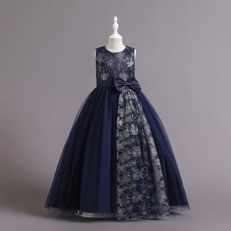

Girls Bow Detail Skirt Side Jacquard Stripe Kids Sleeveless Ball Gown Jacquard Patterned Bodice Tulle Children Elegant Dress