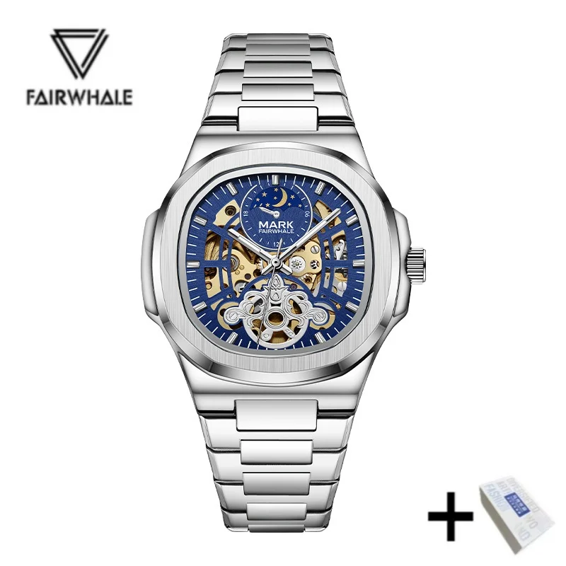 ساعة Ark Fairwhale للرجال أوتوماتيكية ميكانيكية من الفولاذ المقاوم للصدأ مقاومة للماء 6012 عرض توربيون لمرحلة القمر المجوف
