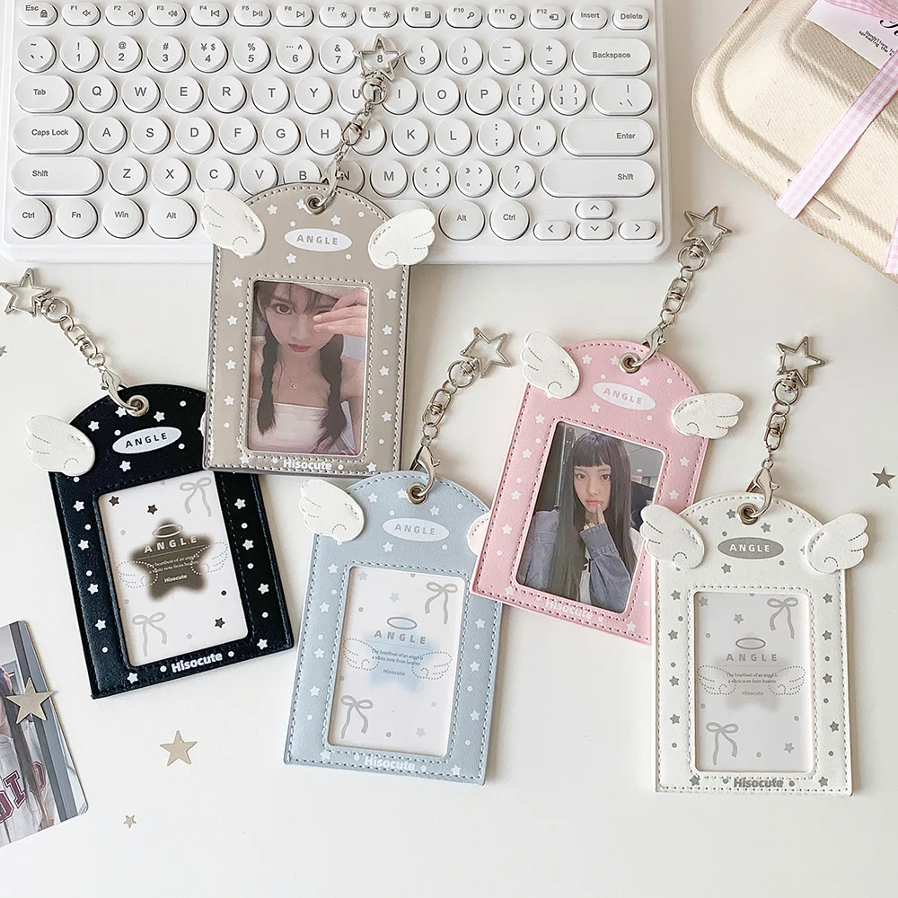Women's Cute Angel Wings PU Leather Photocard Holder with Clear Window and Star Keychain Small Card Case for Daily Use