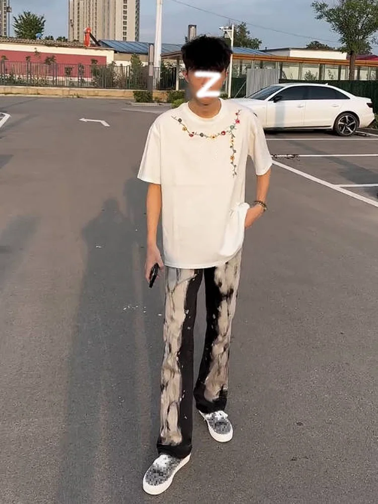 

Summer New Sle Double Spill Ink Jeans Men's Slim Straight fiti Street Faion Lightweight Match All Long Pants