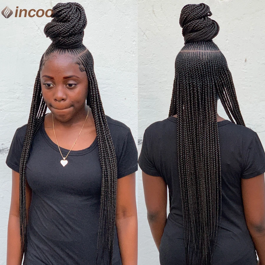 Long Side Part Braided Wigs Synthetic Full Lace Front Wigs For Black Women 36 Inches Faux Locs Box Cornrows Braiding Lace Wig
