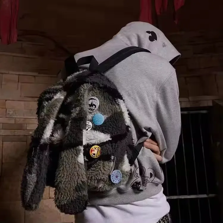 y2k-ヴィンテージぬいぐるみウサギ耳バックパックヒップホップファッション迷彩バッグユニークなトレンドデザインユニセックスカップル旅行バッグクリスマスギフト