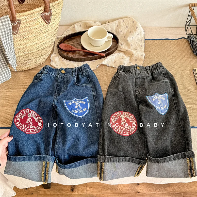 

2024 Spring New Children Denim Trousers Baby Girl Casual Straight Leg Pants Toddler Boy Patch Harem Pants Kids Versatile Jeans