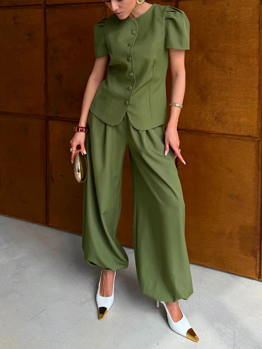 

2026 Summer Women 2 Piece Set Elegant Puff Sleeve Top Button Front Wide Leg Pants Suit Olive Green Office Outfit