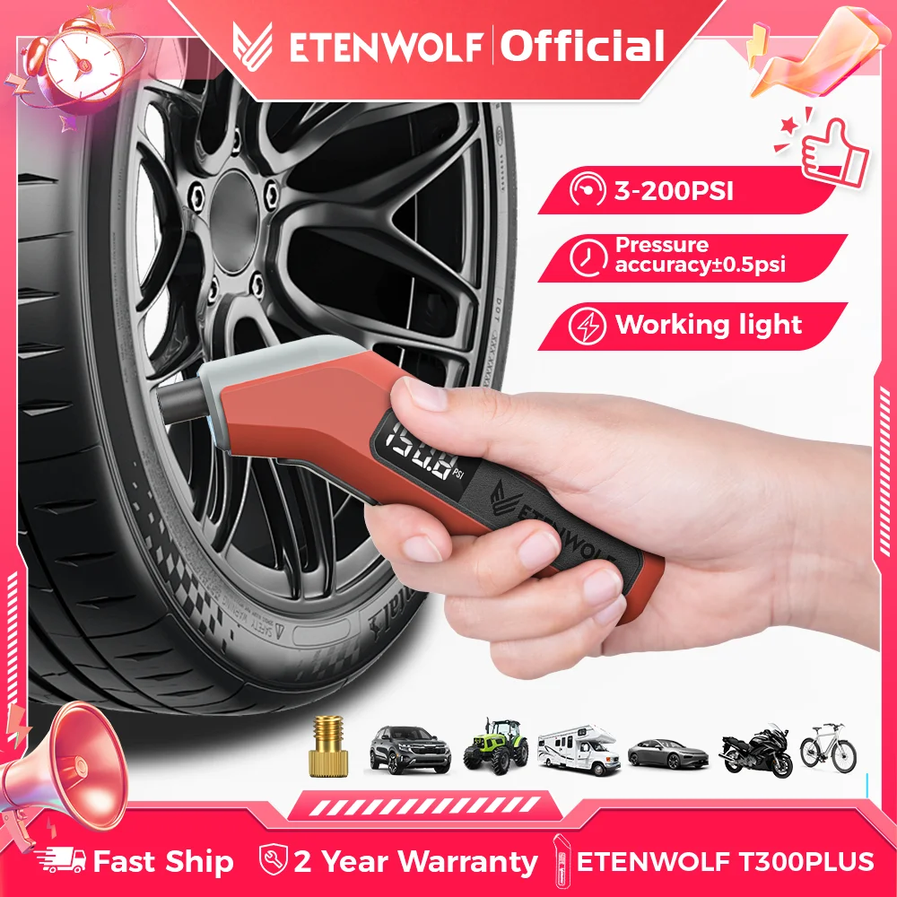 

ETENWOLF T300 Plus Tire Pressure Gauge 200 PSI Bright LED Display Digital Tire Gauge for Tire Pressure with Presta Valve Adaptor