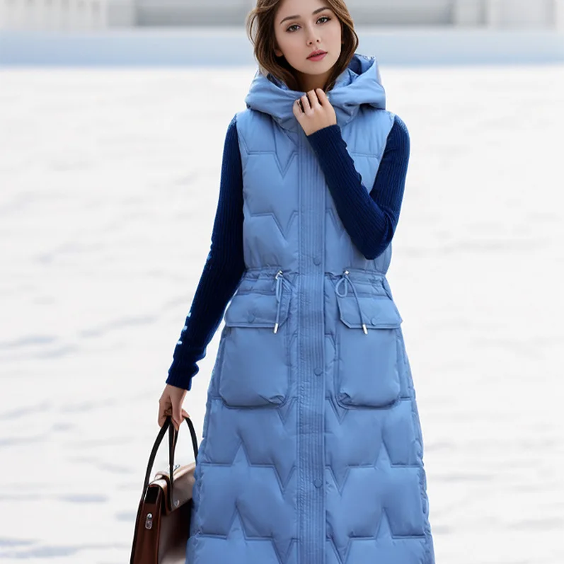 

2025 Winter Women's Sleeveless Cotton Jacket Female Casual Hooded Long Over Knee Cotton Vest Jacket Thicken Warm Coats For Lady