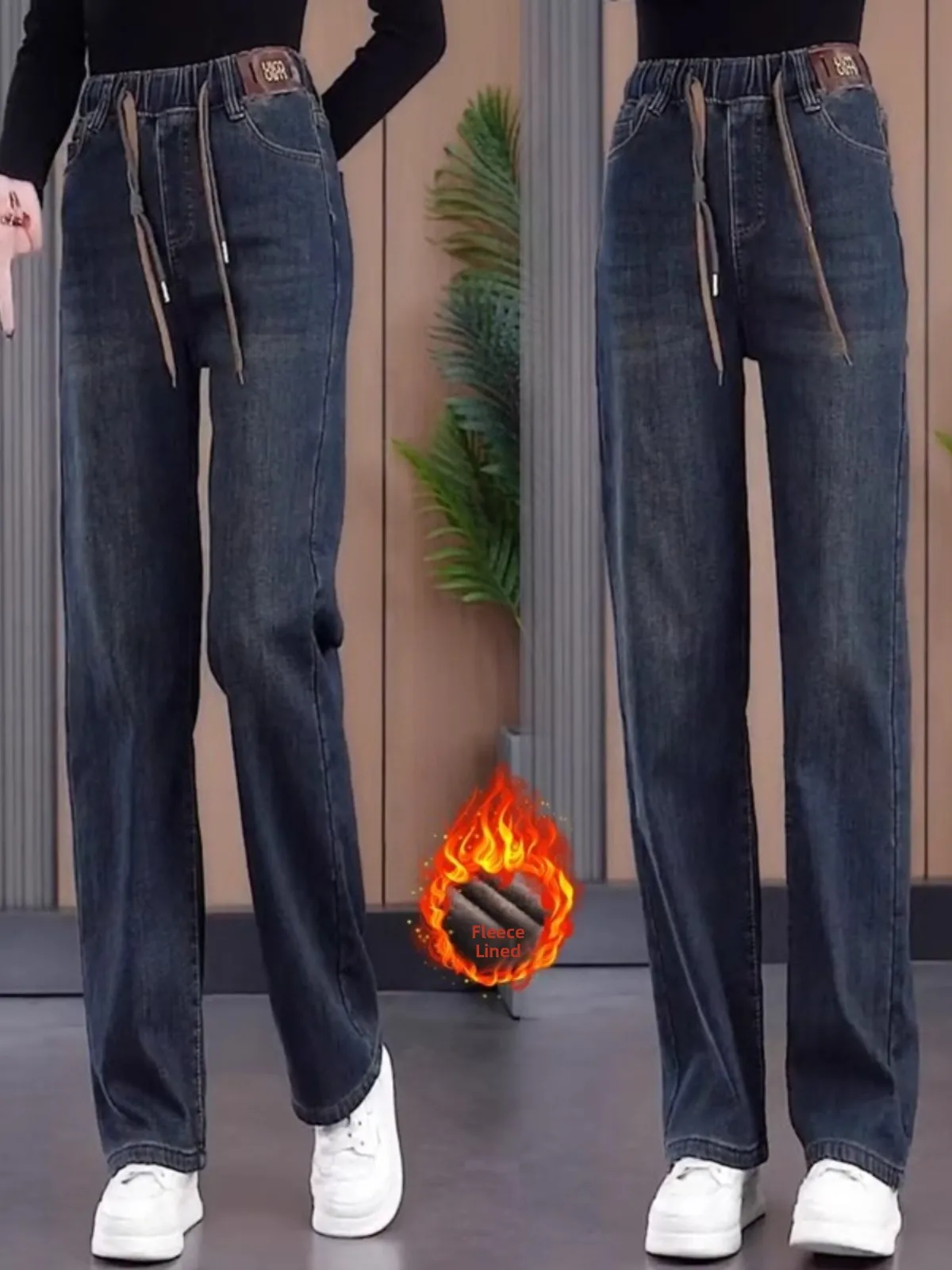 

Женские джинсы с эластичной резинкой на талии на подкладке Fce, прямые широкие брюки, зимние эластичные джинсовые брюки