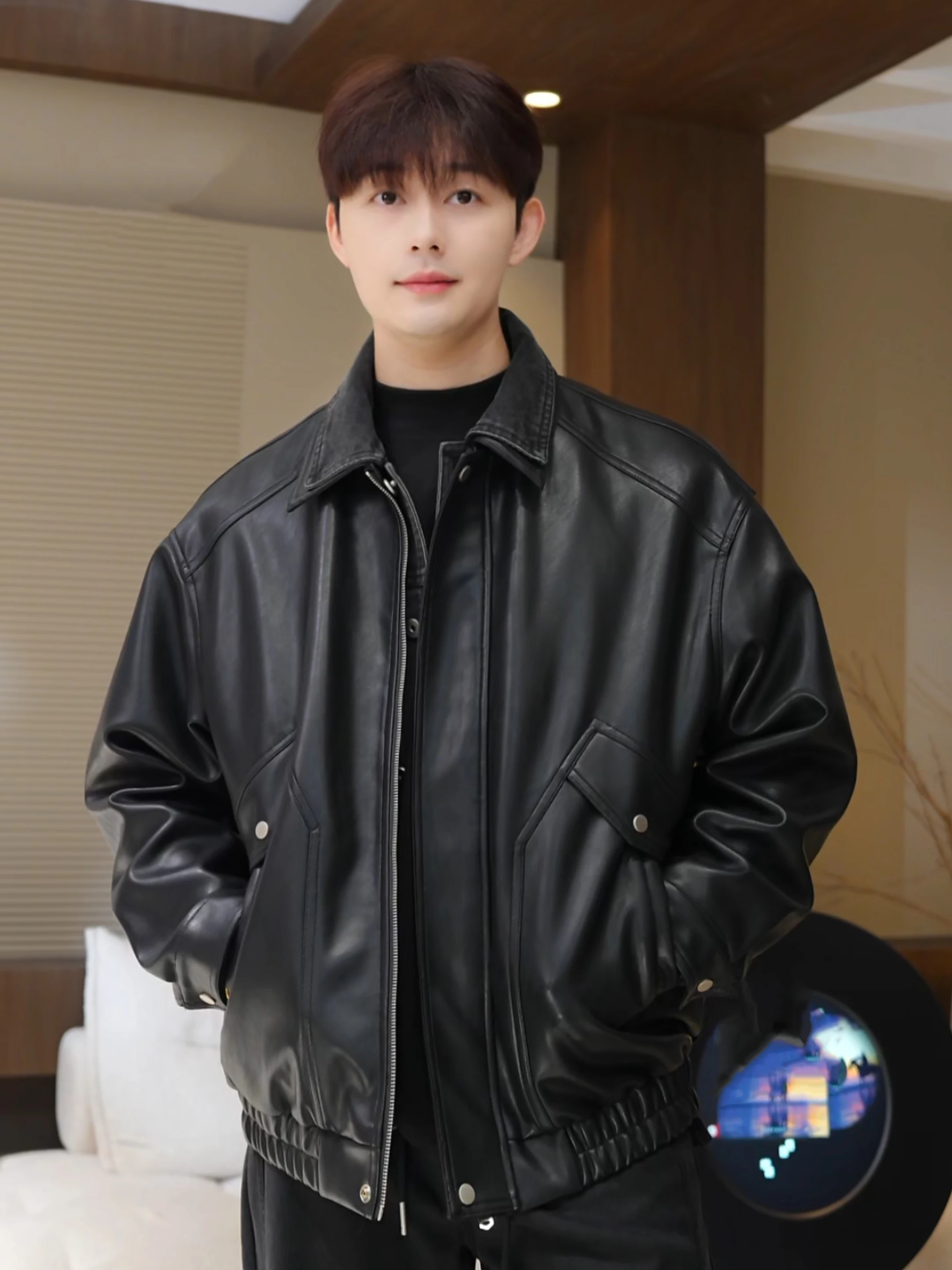 

Leather Denim Jaet Men's Loose Casual Sle Autumn Winter New Faion Brand Durable Polyester Fiber Zipper Closure Pure Color