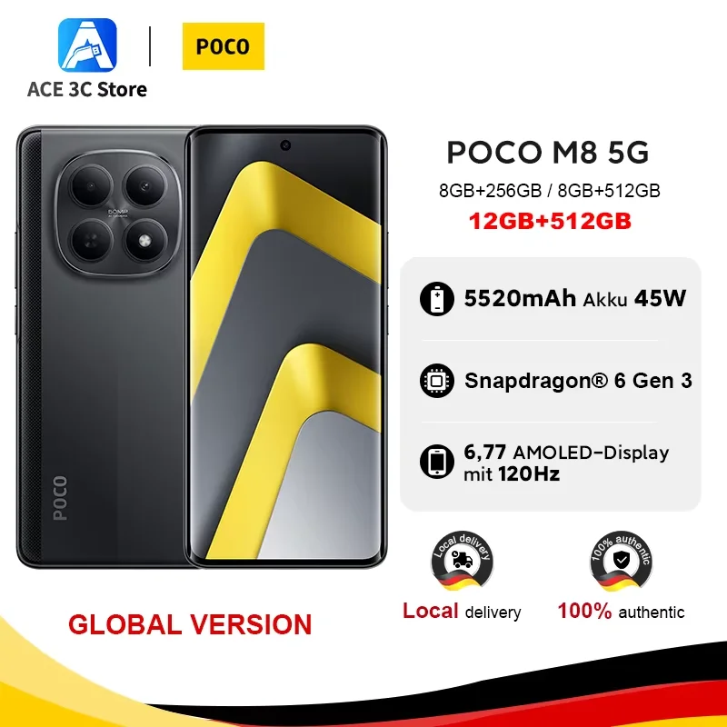 Global Version POCO M8 5G 512GB  256GB Snapdragon 6 Gen 3 Smartphone 6.77" Amoled Display 50Mp Camera 5520Mah Battery 45W Xiaomi Cellphone