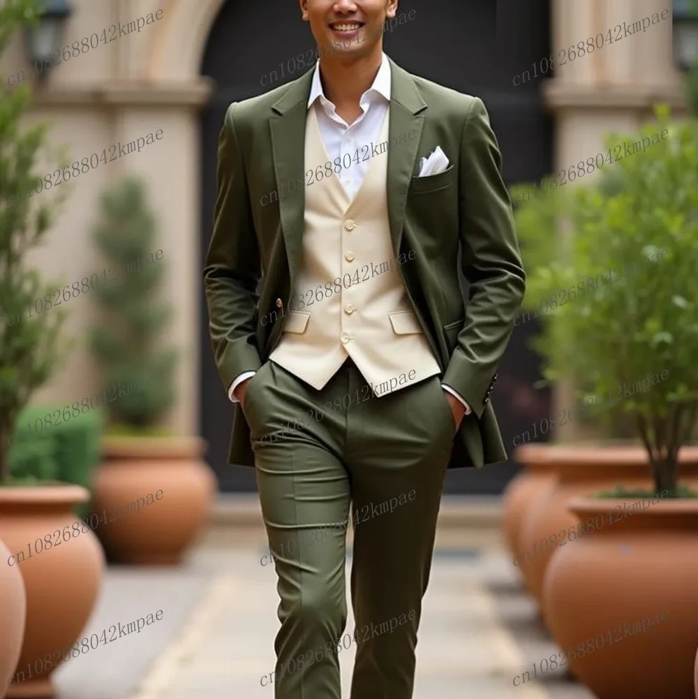 

Army Green And Beige Men Suit Formal Occasion Groom Groomsman Wedding Party Prom Male Tuxedos 3 Piece Set Blazer Vest Pants