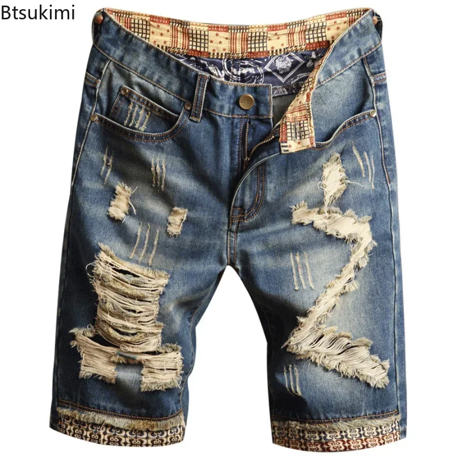 2025 Men's Summer Vintage Ripped Short Jeans Streetwear Hole Design Slim Denim Shorts Male Brand Clothes Fashion Shorts 28-40