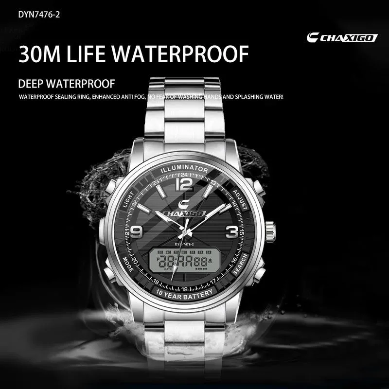 ساعة CHAXIGO للرجال بشاشة عرض مزدوجة بحزام من الفولاذ المقاوم للصدأ 43 ملم تناظرية ورقمية، مقاومة للماء حتى 30 مترًا، مضيئة، متعددة الوظائف