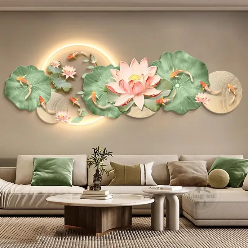 Nine Fish Gathering Wealth Picture - Living Room Decoration Painting Advanced background wall mural Sofa Lotus Hanging Painting