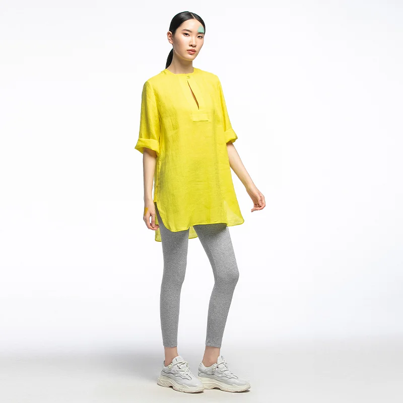 

Свободный женский топ из льна оригинального дизайна, художественный, желтый, с закругленным низом, повседневный, модный, удобный