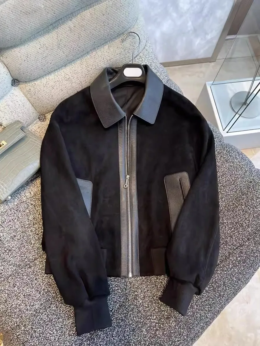 Faionable Bla Spliced Leather Velvet ort Jaet Loose Casual Leisure Turn-down Collar Coat for Men And Women Spring Autumn