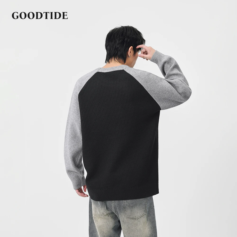 2025 Winter Fashion Men's Casual Crew Neck Sweater Contrast Raglan Sleeve Waffle Knit Pullover Soft Long Sleeve Jumper Top