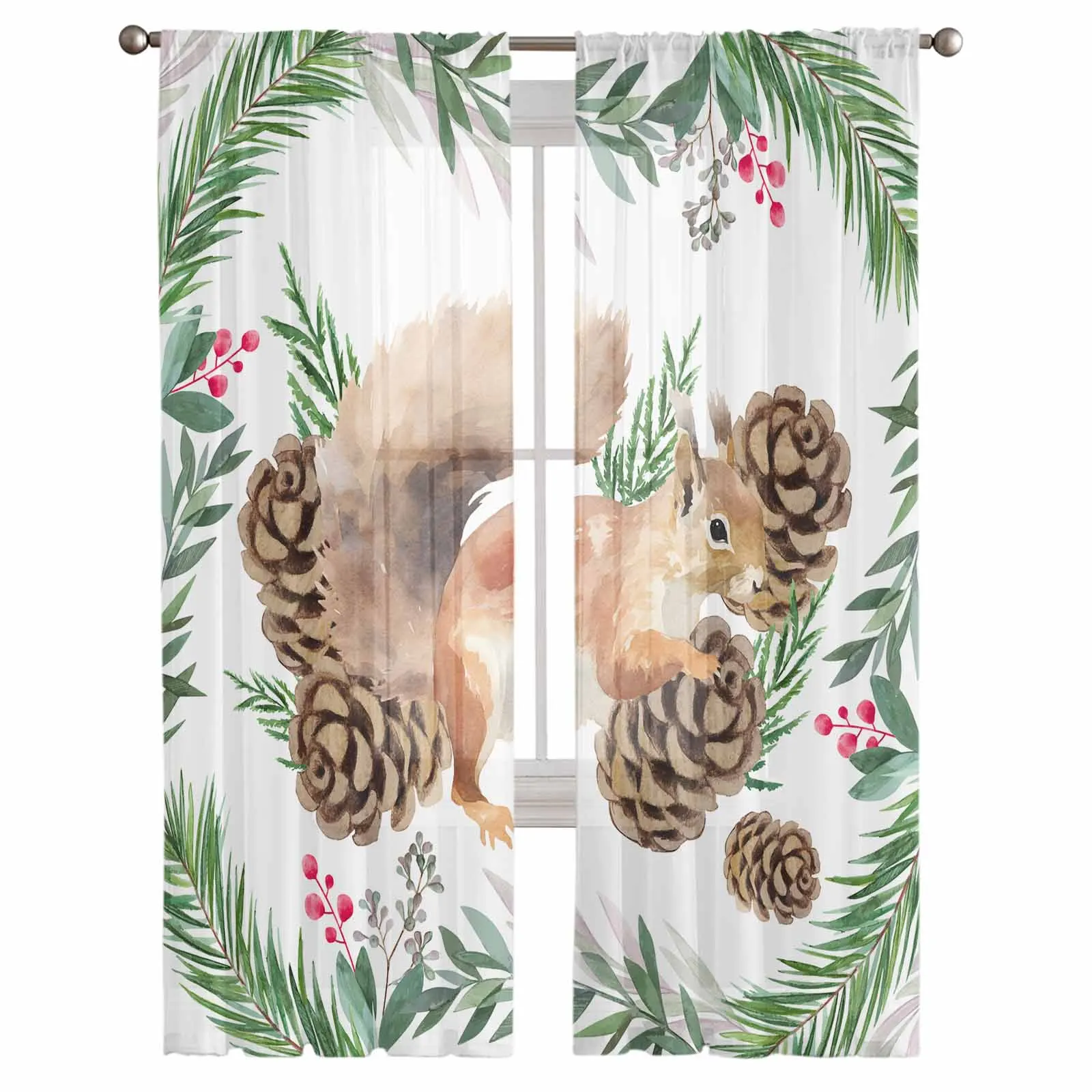 Christmas Plants Pine Needles Pinecone Squirrels Window Treatment Tulle Modern Sheer Curtains for Living Room Curtains Decor