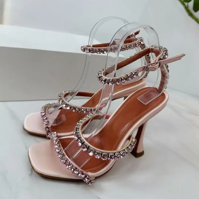 

Summer High Heels Slippers Women Luxury Crystal Party Shoes Woman Square Peep Toe Slides Sexy Cup Heels Modern Sandals Woman