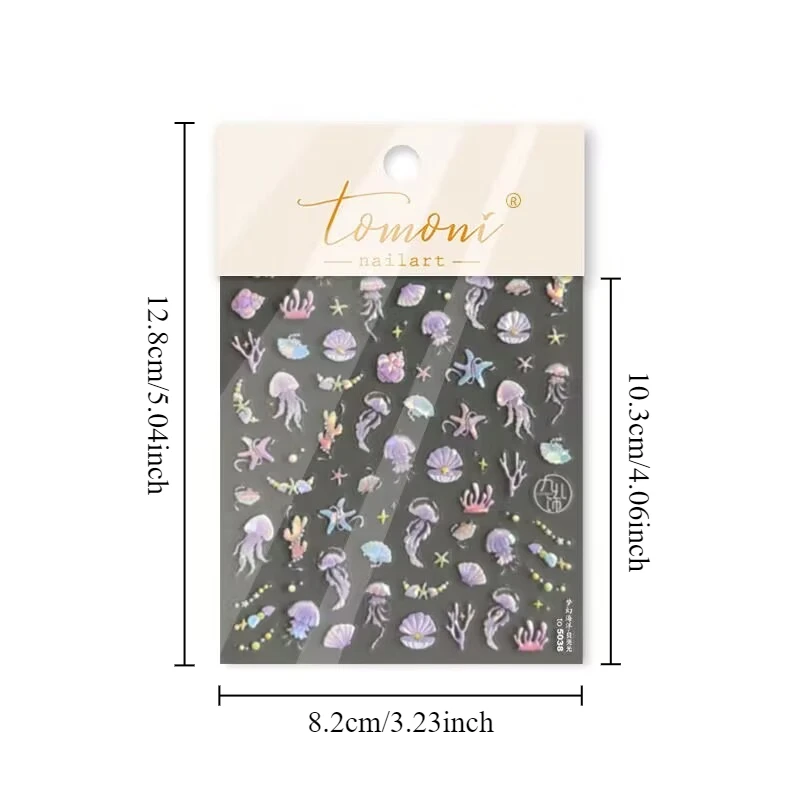カラフルな夢のようなネイルステッカー、海をテーマにしたクラゲ、貝殻、美しい女性のネイルデコレーション
