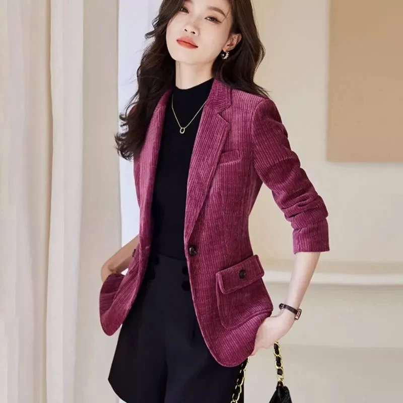 Spring Autumn Women Blazers New Fashion Solid Corduroy Suit Ladies Business Office Formal Coat Short Jacket Single Button Blazer