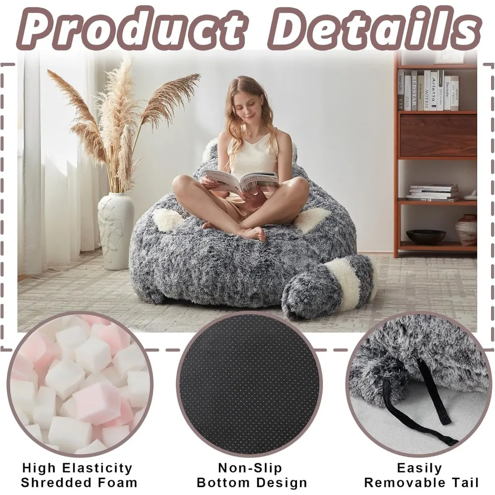 كراسي بين باج من الفرو الصناعي للبالغين والمراهقين، أريكة مريحة على شكل حيوان مع حشو إسفنجي #6
