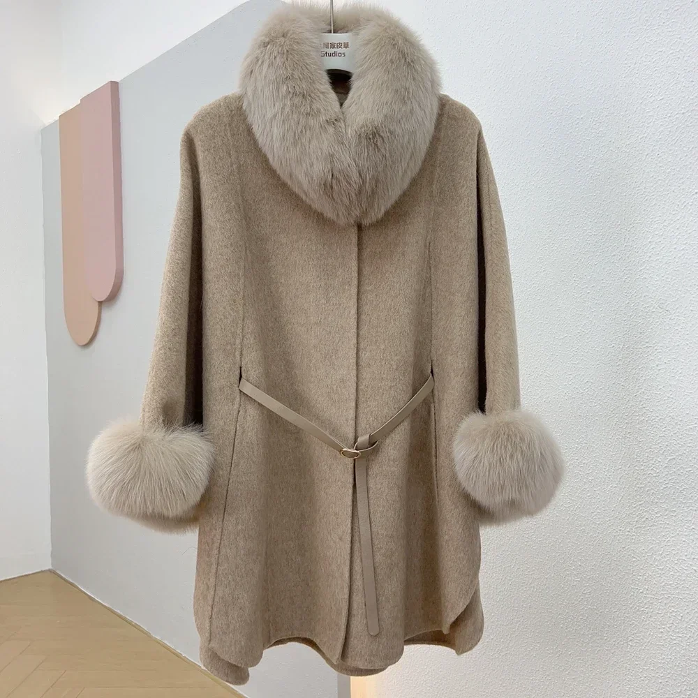 Winter Women's Real Fox Fur Coat 100% Wool Cloak Cashmere Warm Jacket Detachable Collar Luxury Thick Female Coat