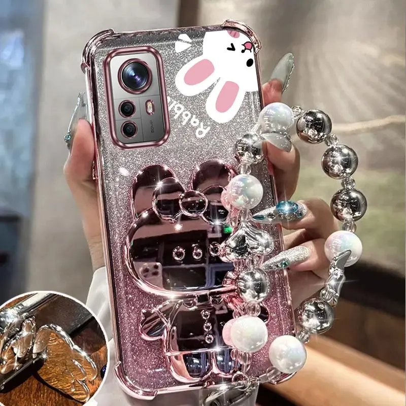 Airbag Glitter Mirror Rabbit Phone Holder Case On For Xiaomi Mi 11 11i 11T 12 12T Pro Lite 4G 5G Anti-knock Stand Back Cover