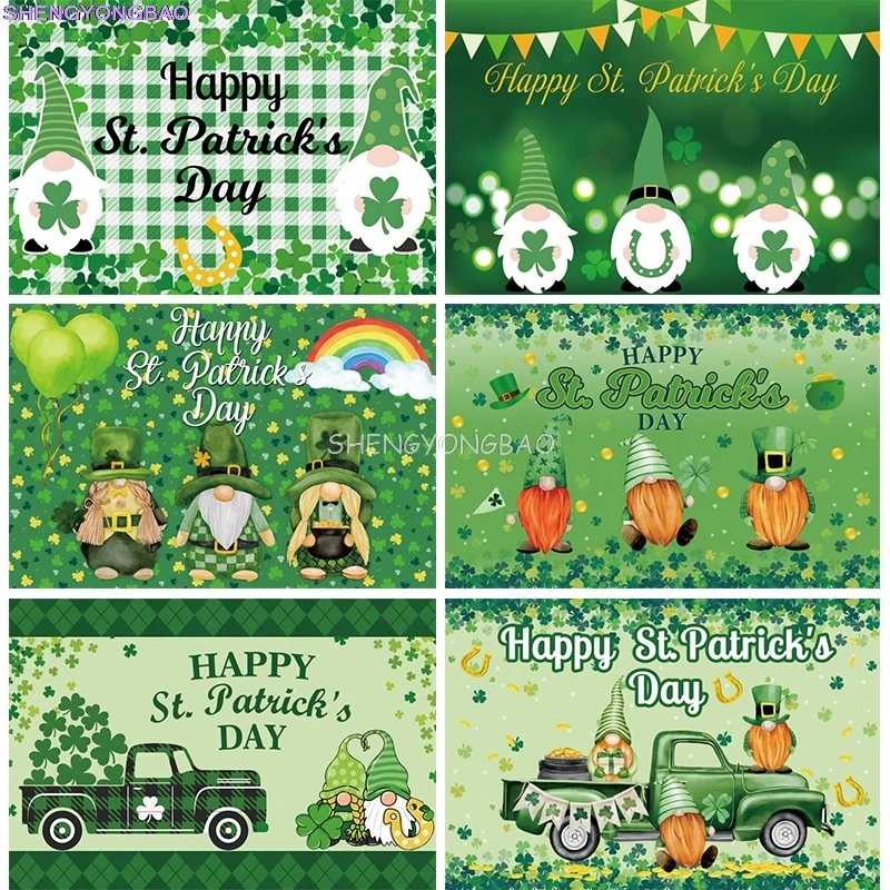 

St Patricks Day Backdrop Gnome Decoration Green Hat Festival Irish Shamrocks Party Decor Banner Leprechaun Photo Background PA01