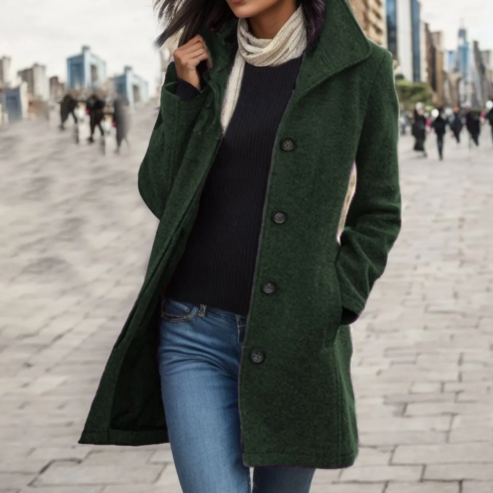 

Women'S Autumn Winter Solid Color Woolen Jackets Coat Korean Version Lapel Single-Breasted Mid-Length Overcoats With Pockets