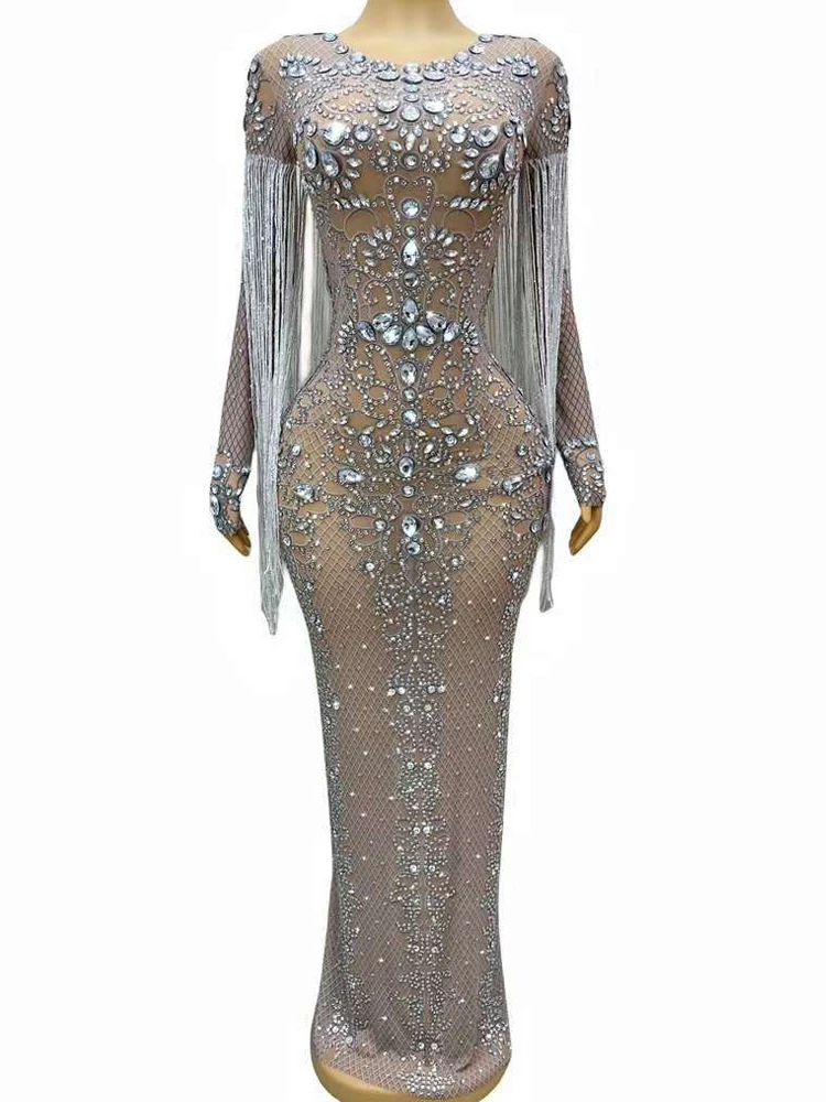 Sparkling Crystal See Through Elastic Mesh Tassels Dress for Women Evening Prom Party Celebration Outfit Photo Stage Costume