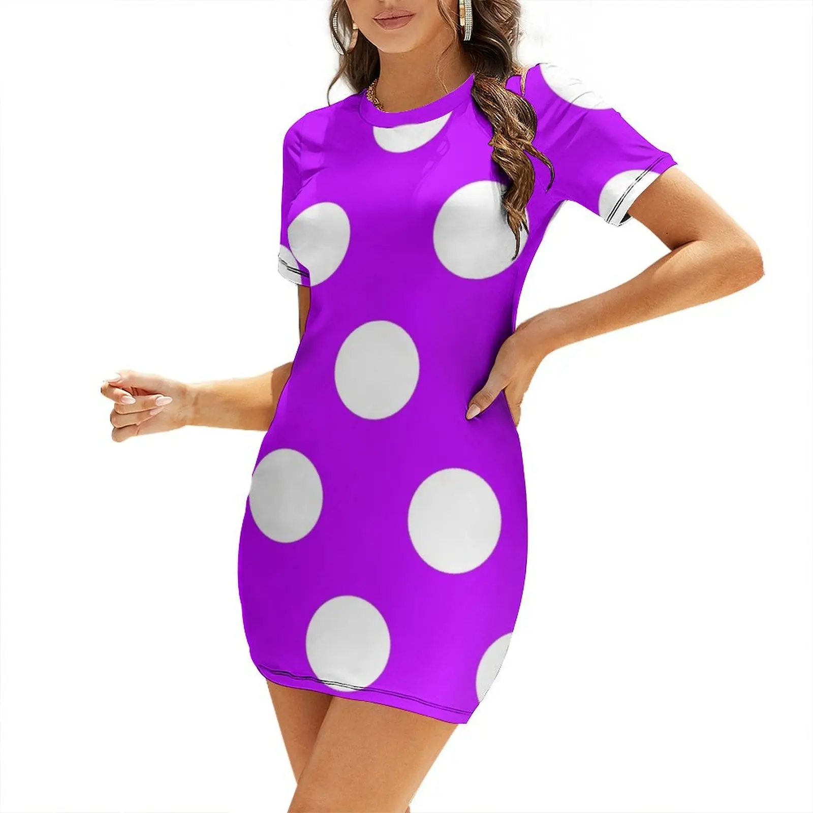 

Large WHITE and HOT PURPLE POLKA DOTS Short Sleeved Dress elegant dresses plus sizes Woman clothes Party dresses for women Dress