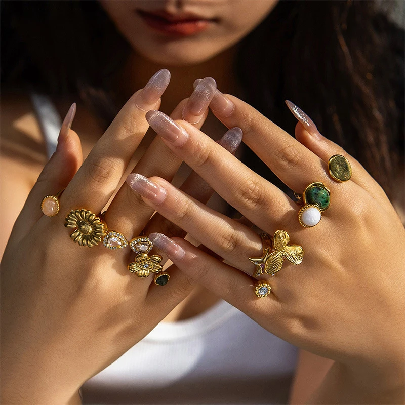 18K Gold Plated Stainless Steel Assorted Rings Hypoallergenic Women's Flower Star Gem Fashion Jewelry Gift