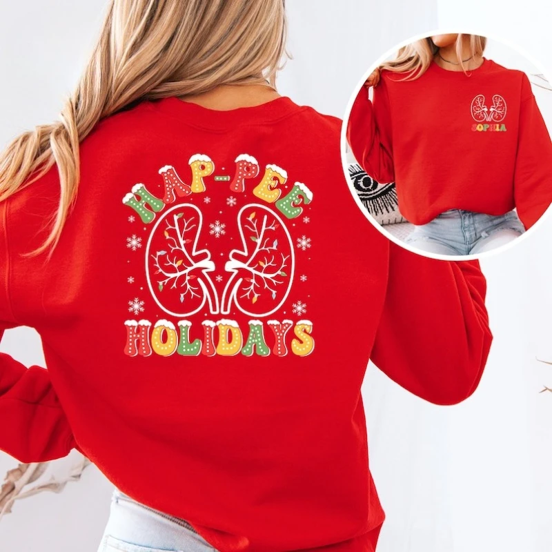 

Custom Kidney Christmas Sweatshirt Hap-Pee Holidays Tops Funny Urology Nurse Gift Dialysis Patient Xmas Sweater Thermal Hoody