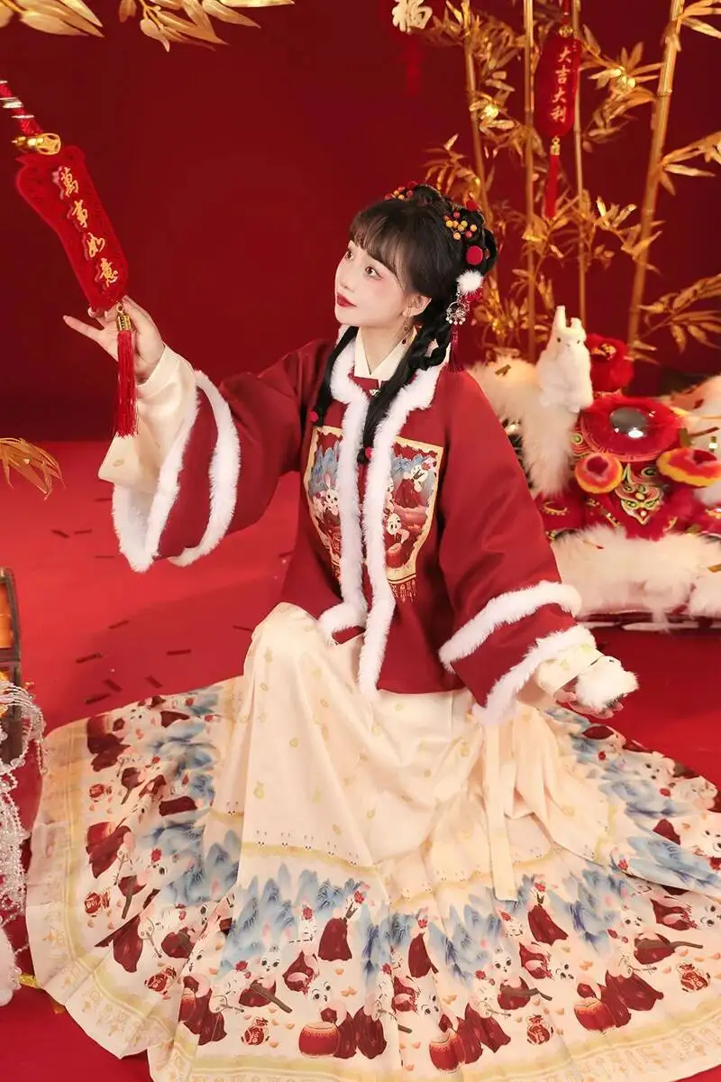 2023 سنة الأرنب سلالة مينغ هان فو ساحة الرقبة المخملية مغطاة ما ميان تنورة الشتاء اليومي 3 قطعة مجموعة