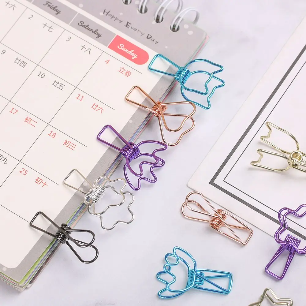 6Pcs Metal Binder Clip Solid Color Hollowed Out Design Paper Organizer Simple Metal Wire Stationery Office Decorative Clamp