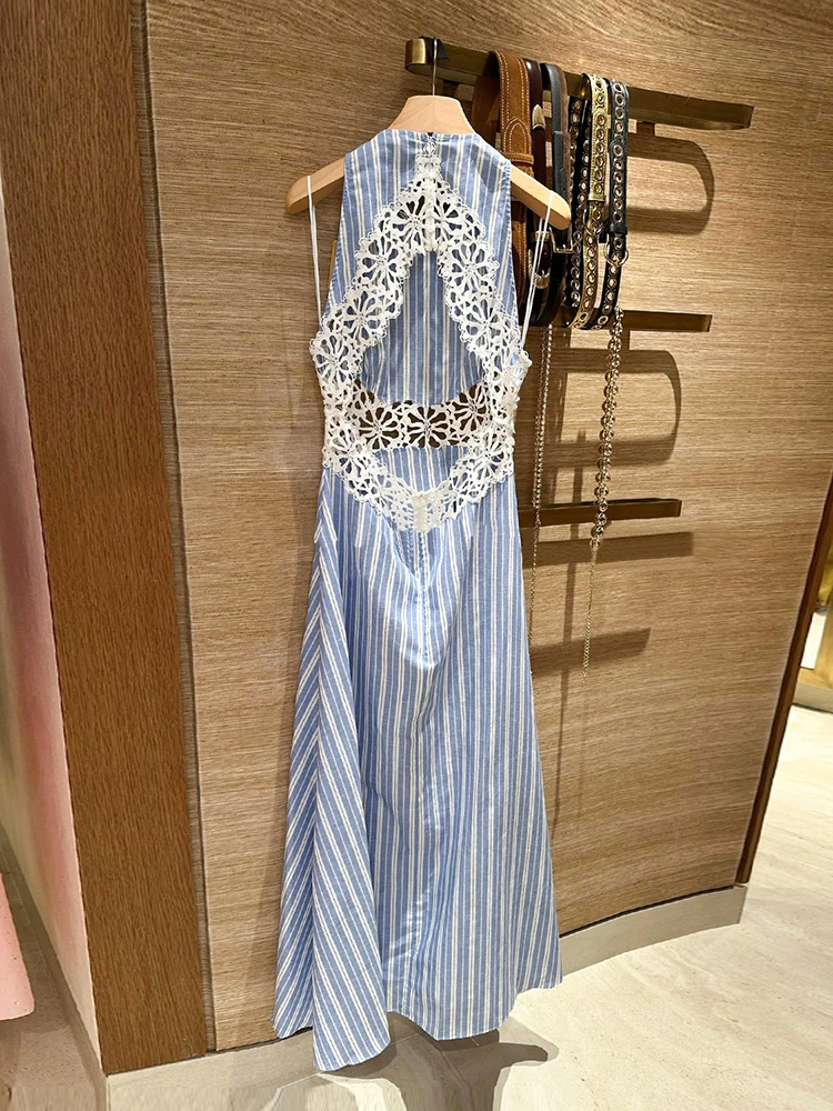 Ele Summer Dr Weste, ausgehöhlte Blumenstickerei, Streifen, hohe Taille, A-Linie, langer Rock ohne Sve, rund, Ne Dr