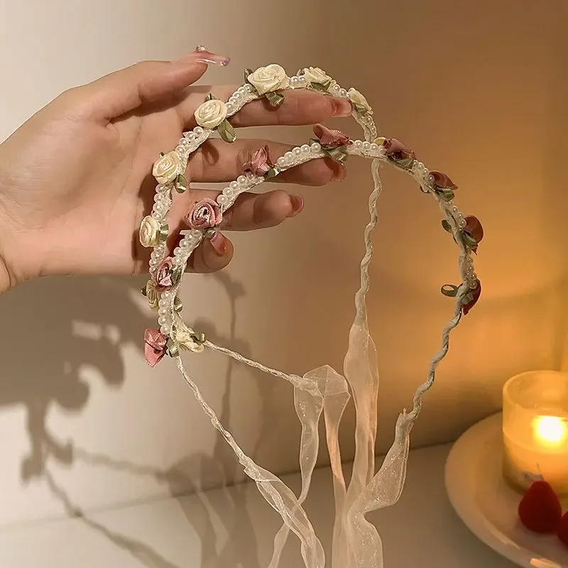 달콤한 꽃 태슬 헤어밴드 헤어 악세사리 한국 스타일 달콤한 진주 장미 헤어 후프 여성 패션 리본 타이 미끄럼 방지 헤어 후프