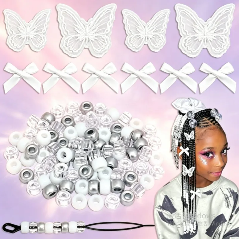 100pcs Hair Beads for Braids Gold Dreadlock Hair Beads Black Gingham Mini Bows Lace Embroidery Butterfl Clips Hair Accessories