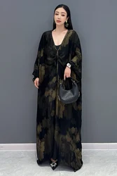 Summer New Elegant V Neck Women Printed Vintage Loose Long Dresses Female Fashion Batwing Sleeve Dress Wholesale