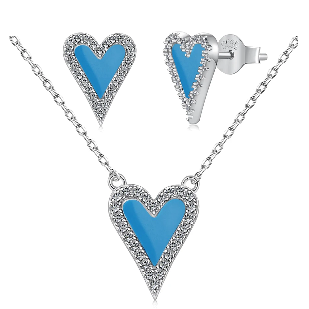 

True S925 Silver Heart Jewelry Set Women Black Agate Turquoise Heart Necklace Earrings Female Luxury Jewelry 5A Zircon Girl Gift