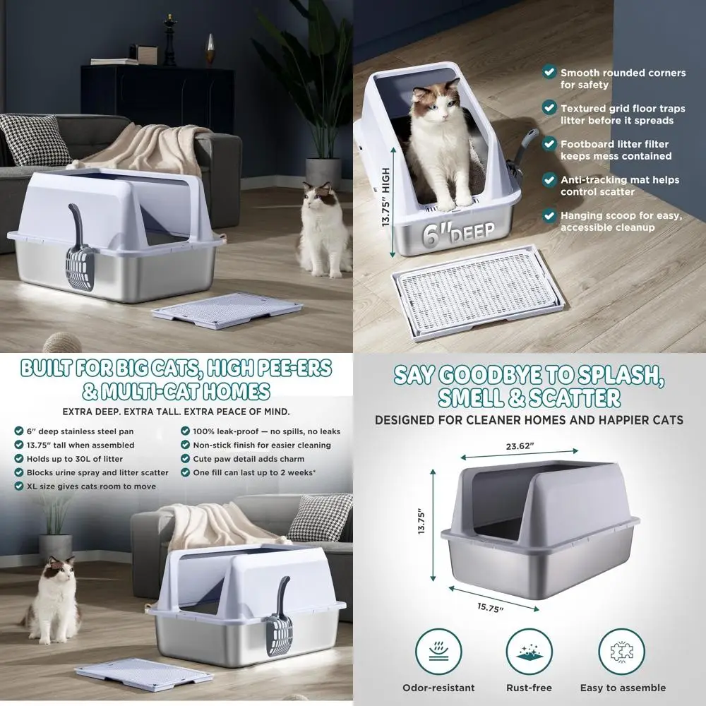 

Large 6 Deep, 13.75 High Stainless Steel Cat Litter Box with Lid - Ideal for Cats with High Urination, Leak-Proof, Easy to Clean