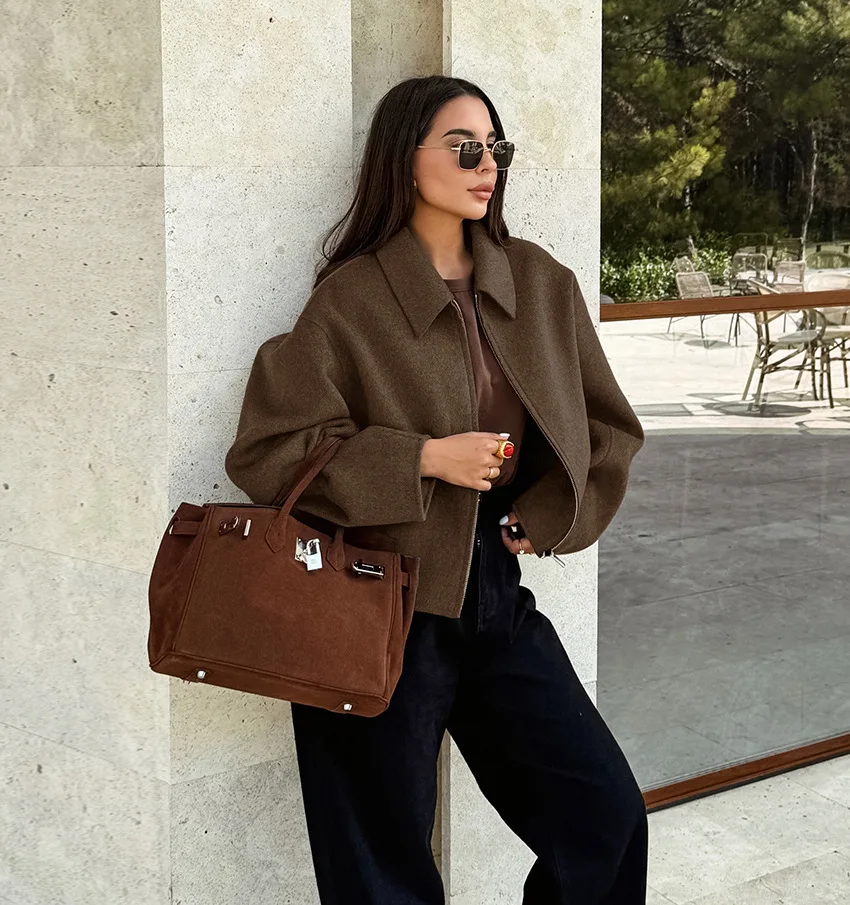 

Fashion Brown Zipper Wool Jacket For Women Elegant Lapel Long Sleeve Short Jacket For Women Retro Autumn Women Street Jacket