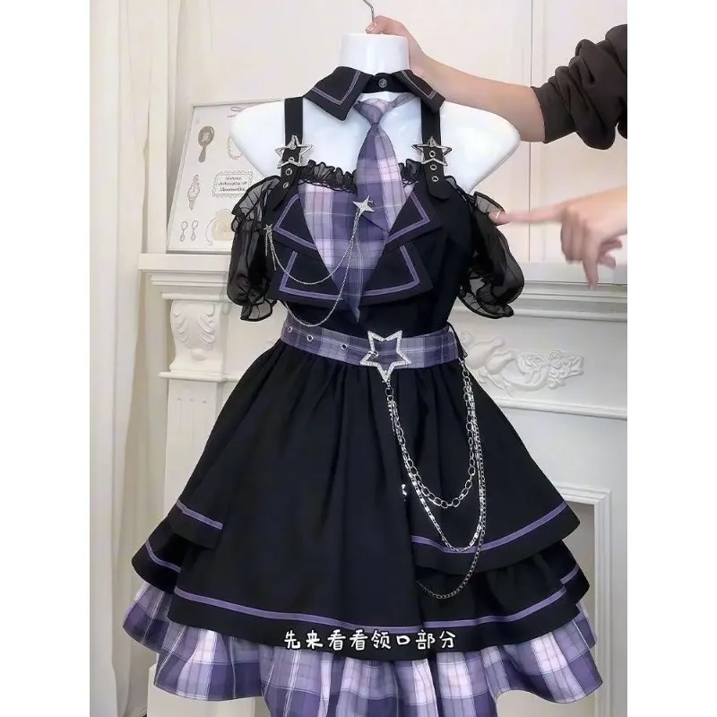 Japanese Idol Style Off Shoulder Plaid Puff Dress Women Y2k Short Sleeve Patchwork Pleated Mini Dress Sweet Kawaii Stage Outfit