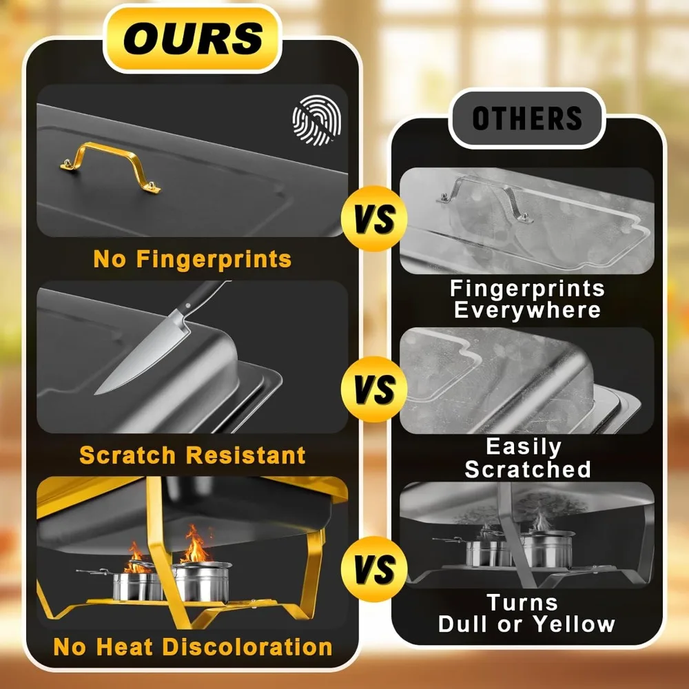 NKTOLEE 8QT Chafing Dishes for Buffet 4 Pack Matte Black And Gold Scratch Resistant Finish Food Warmer Set