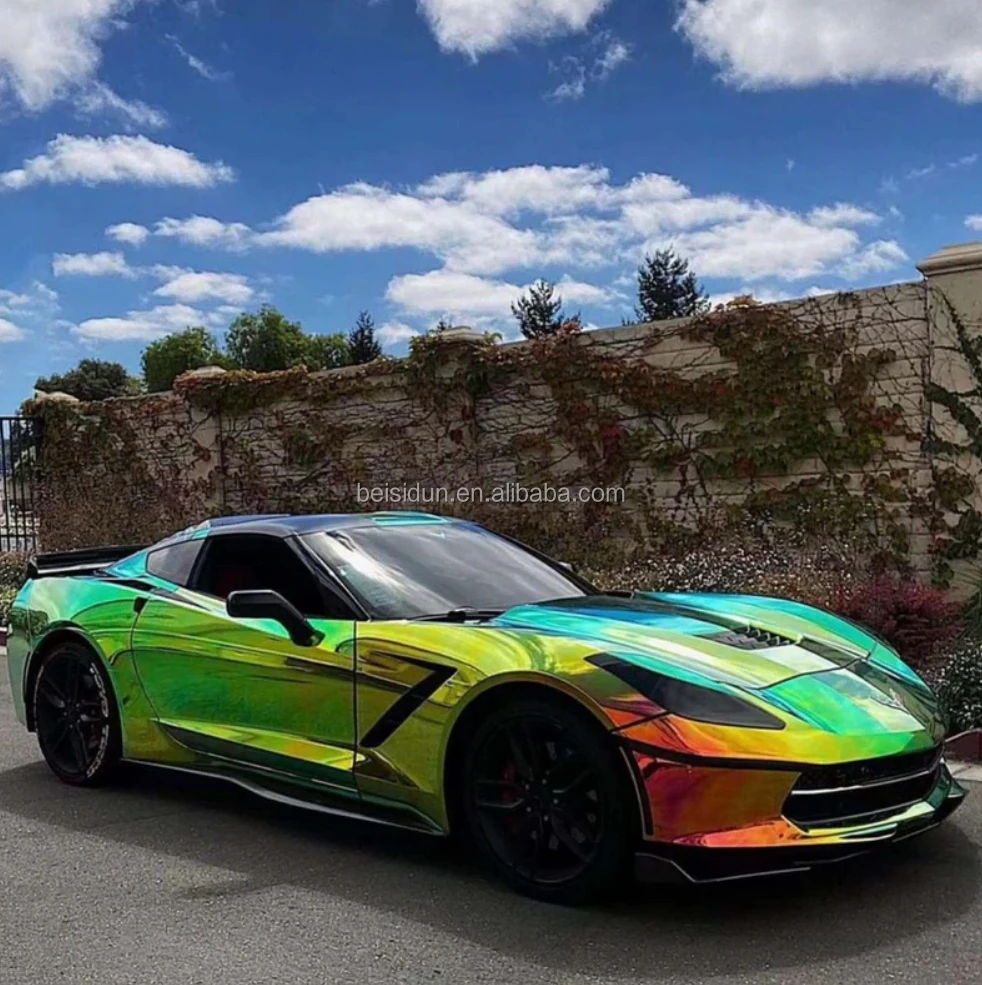 Cromo Arcobaleno Placca Pellicola in vinile verde PET verde Adesivo per carrozzeria auto Avvolgente Placca verde dorato Cromo lucido Arcobaleno