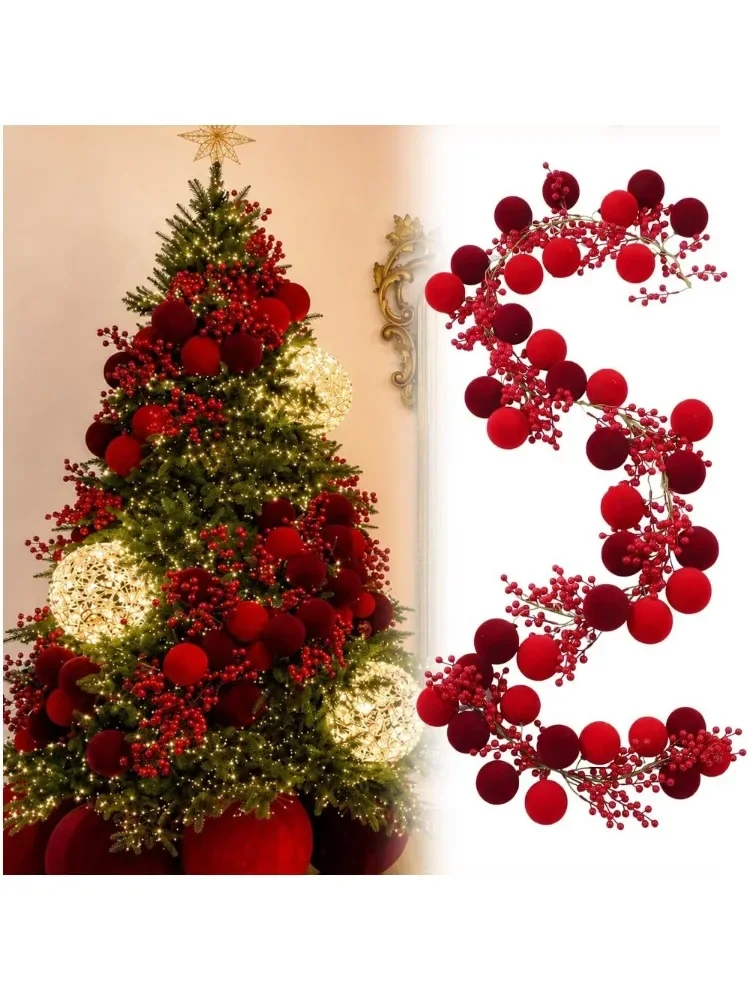 Burgunderrote Kugelgirlande mit roten Beeren, Weihnachtsdekoration für Weihnachtsbäume, Kranz, Feiertagsparty, Zuhause, Neujahr 2026 Deko