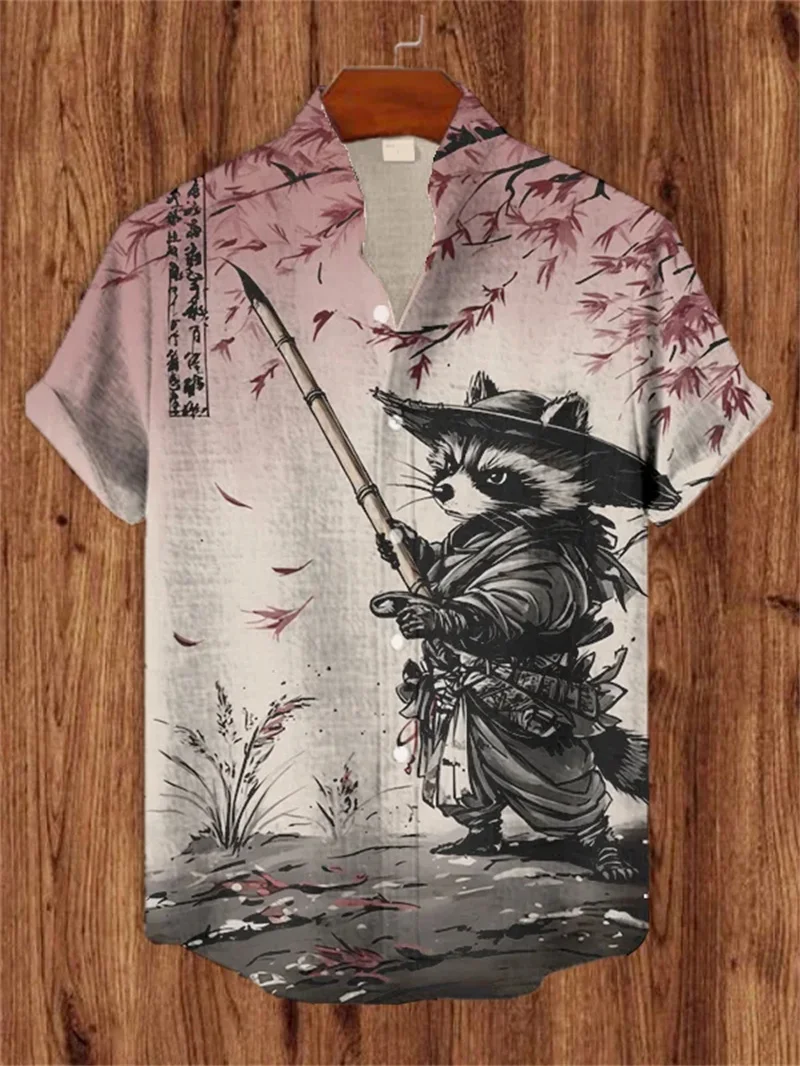 New personalized artistic style linen short sleeved shirt for men, retro gentleman, black cat, 3D printed casual top